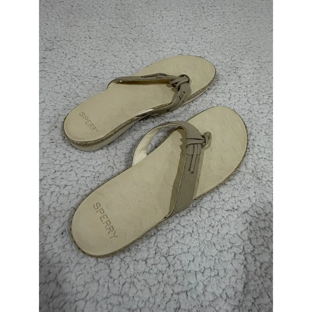 Sperry Womens 12 Tan Leather Flip Flop Thong Sandals Coastal Summer Casual Boho